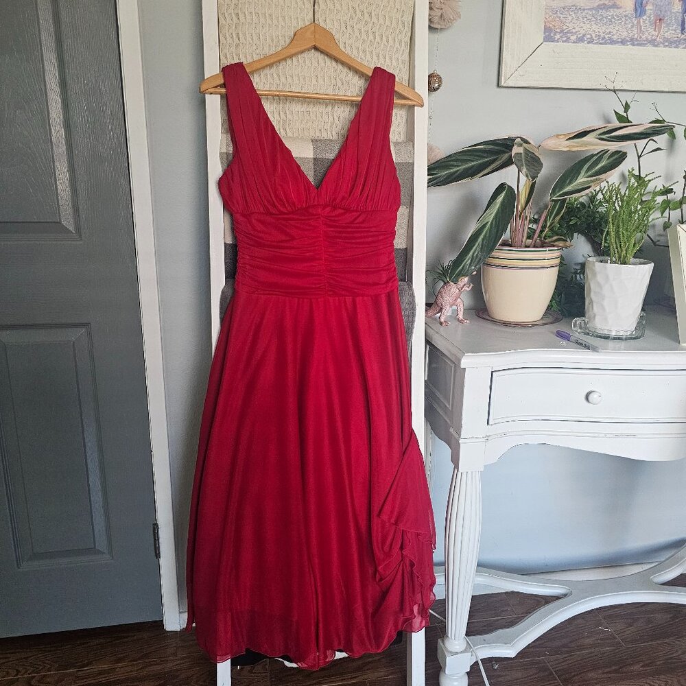 Vintage D.J. Sommers Red Formal Dress | Size 8 | Cascading Hip Detail Gown